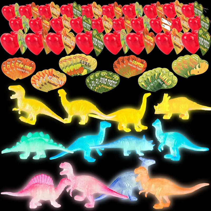 28Pcs Valentines Prefilled Heart with Glow In The Dark Dinosaur with Valentines Day Cards for Kids-Classroom Exchange Gifts