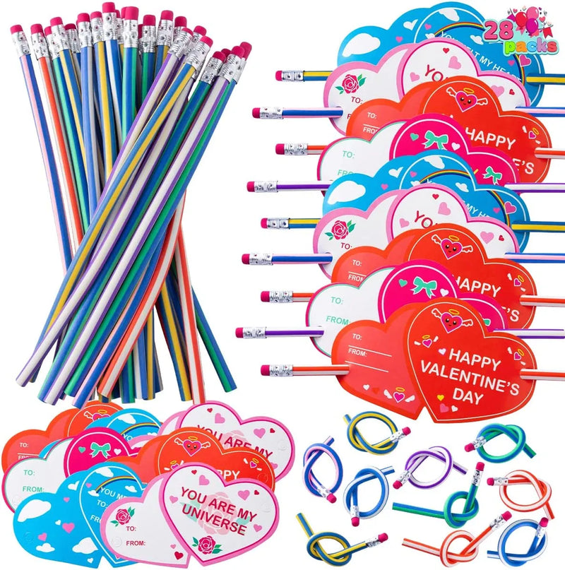 28Pcs Bendy Pencils with Valentines Day Cards for Kids-Classroom Exchange Gifts