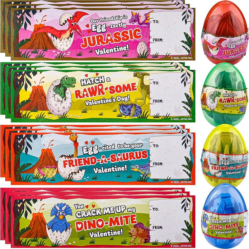12Pcs Kids Valentines Cards with Transforming Dinosaur Toys in Egg-Classroom Exchange Gifts