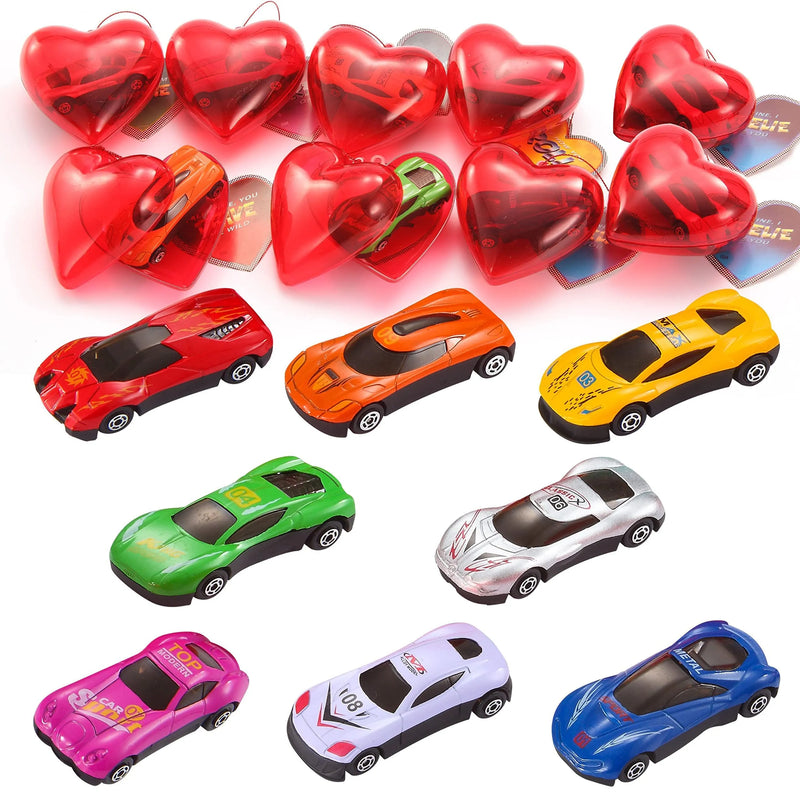 28Pcs Prefilled Hearts with Die-cast Cars and Valentines Day Cards for Kids-Classroom Exchange Gifts