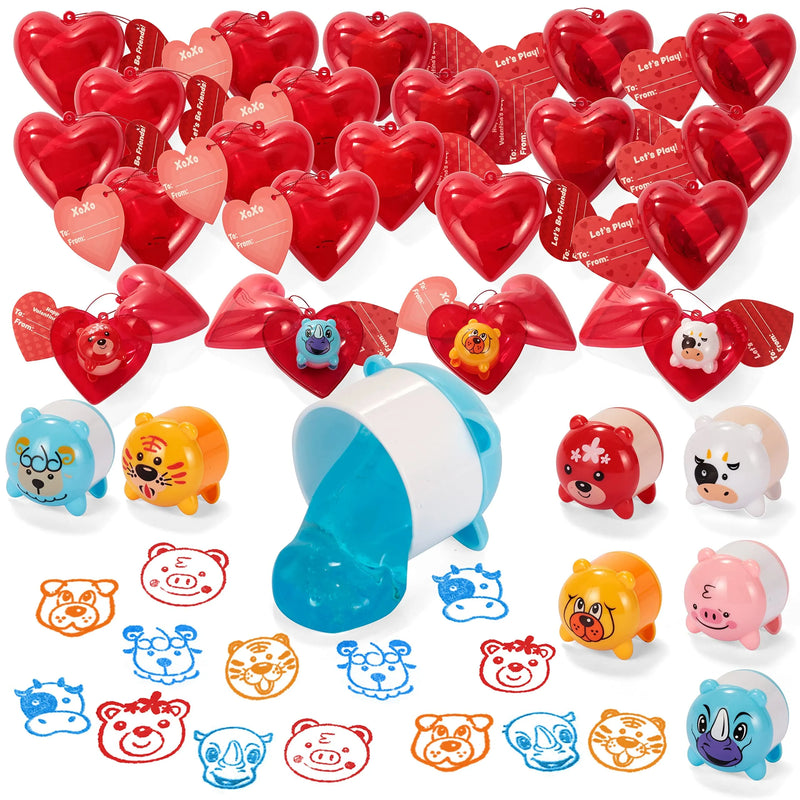28Pcs Prefilled Slime Animal Hearts with Valentines Day Cards for Kids-Classroom Exchange Gifts