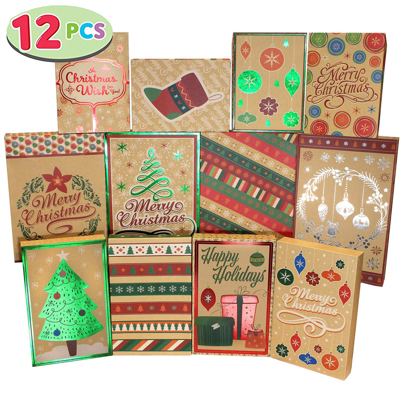 Christmas Foil Kraft Gift Boxes With 3 Sizes, 12 Pcs