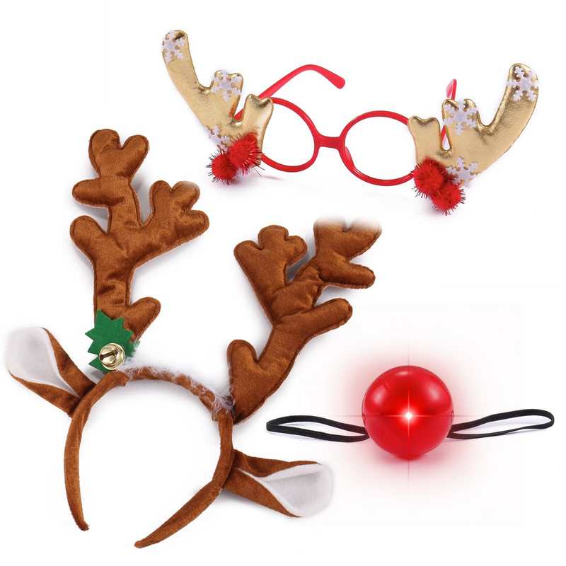 Reindeer Headband Set With Led Red Nose And Gold Glasses