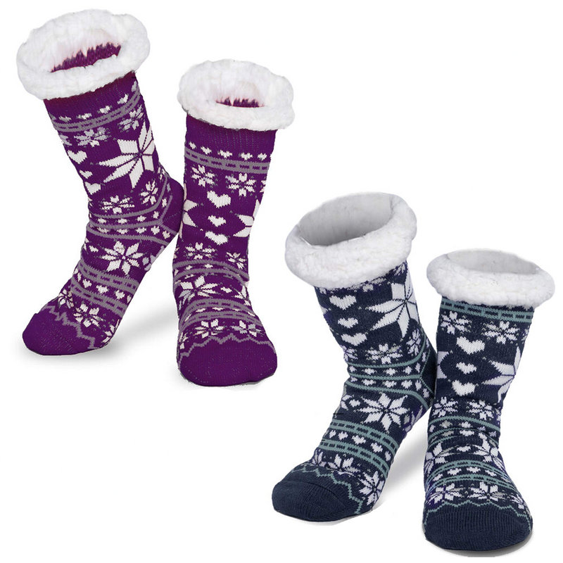 2 Pack Women's Christmas Slipper Socks Christmas Stockings (Blue & Purple)