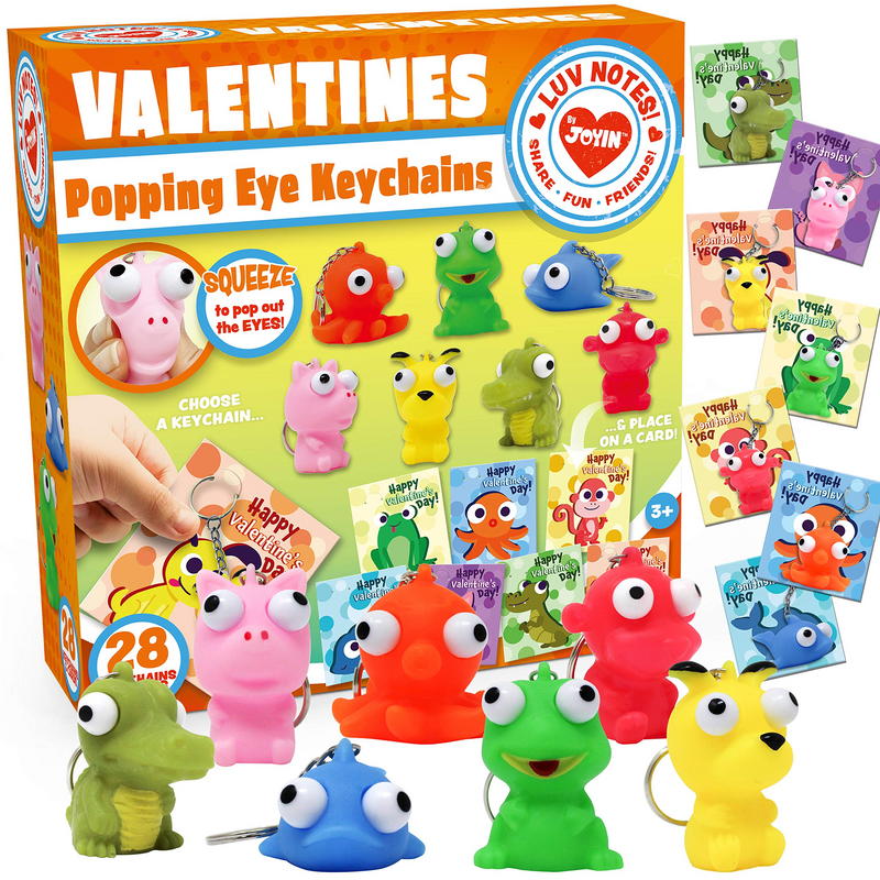 28Pcs Animal Keychains featuring Bulging Eyes with Kids Valentines Cards