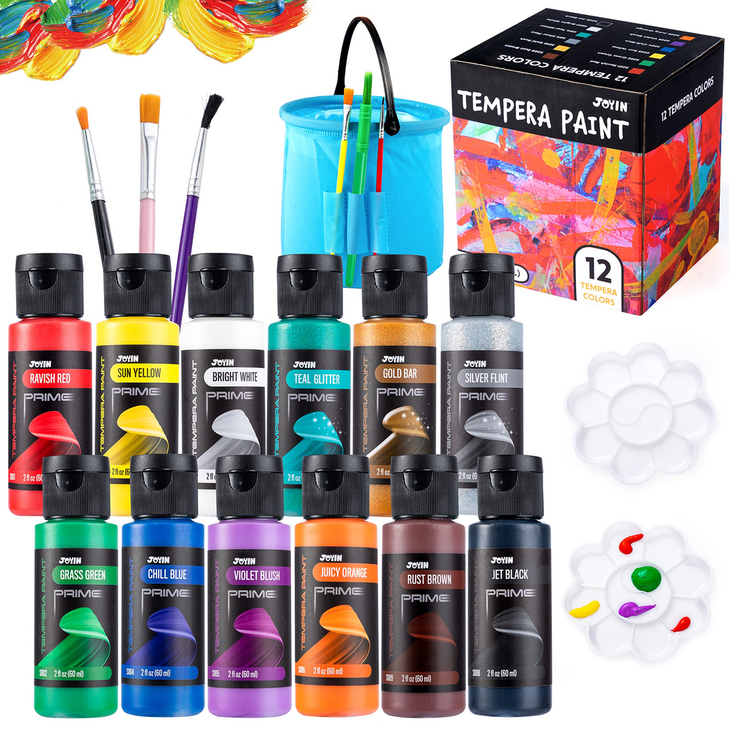 12pcs Washable Kids Tempera Paint Set 2 oz Each, Liquid Poster Paint with 6 Brushes, 2 Palette & 1 Paint Brush Clean Bucket, Non-Toxic Kids Paint