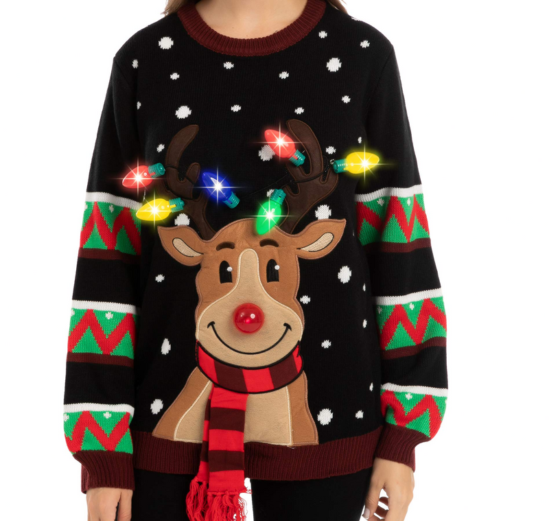 Black Color Reindeer Ugly Sweater with Light Bulbs