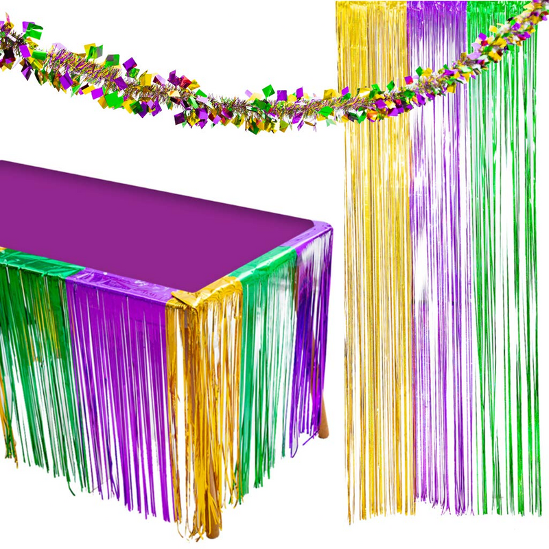 JOYIN Mardi Gras Party Decoration Fringe Curtain, Table Skirt and Garland Pack Mardi Gras Party Favor Supplies