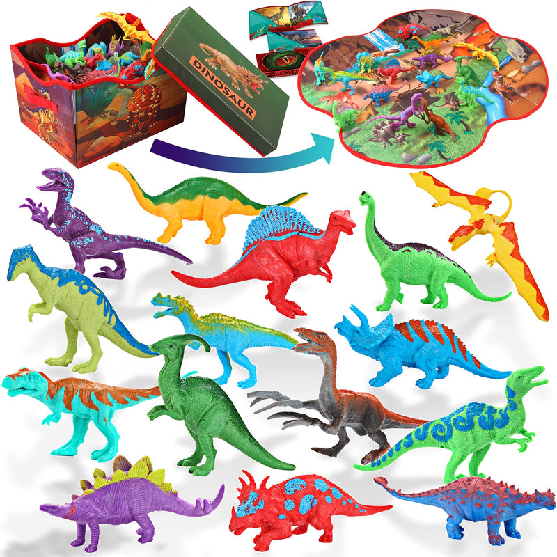 2 in 1 Dinosaur Toy Storage Box Play Mat with Dinosaurs, 16 Pcs