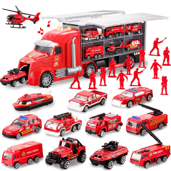 Fire Rescue Carrier Truck With 12 Diecast Vehicles 12 Figures