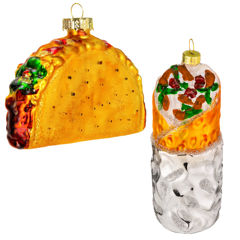 Christmas Glass Blown Ornament Taco and Burrito Set