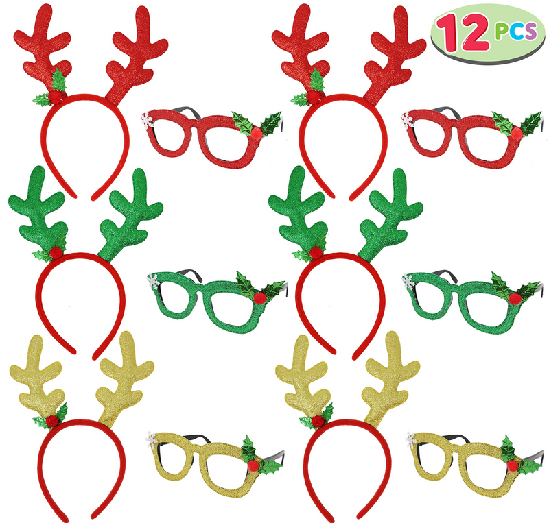 Reindeer Headbands (6 Pcs) with Glass Frames (6 Pcs), 12 Pcs