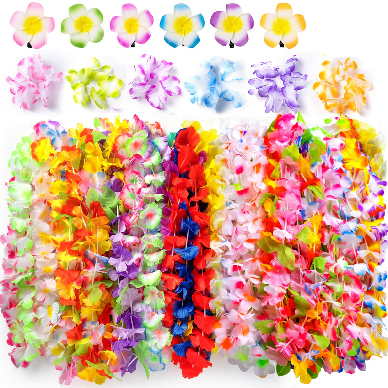 Hawaiian Leis Wristbands, Hair Clips, Flower Necklaces, Bracelets - 72 Pcs