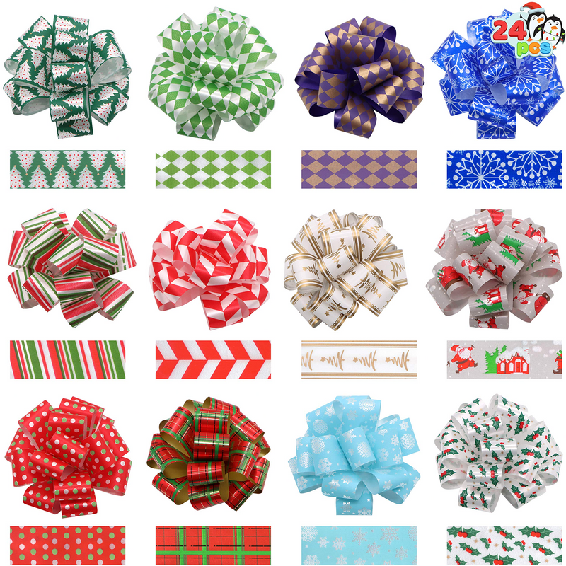 Gift Wrap String and Bows (White, Silver, Red, Blue), 48 Packs - JOYIN