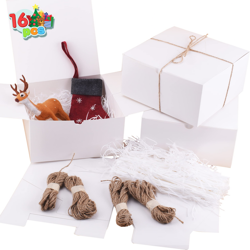 White Gift Set of Boxes with Twines and Grass, 16 Pcs