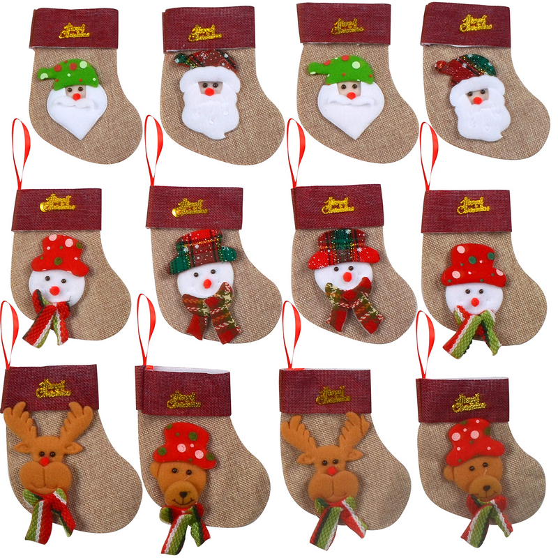 6.25in Burlap Mini Christmas Stockings, 12 Pack