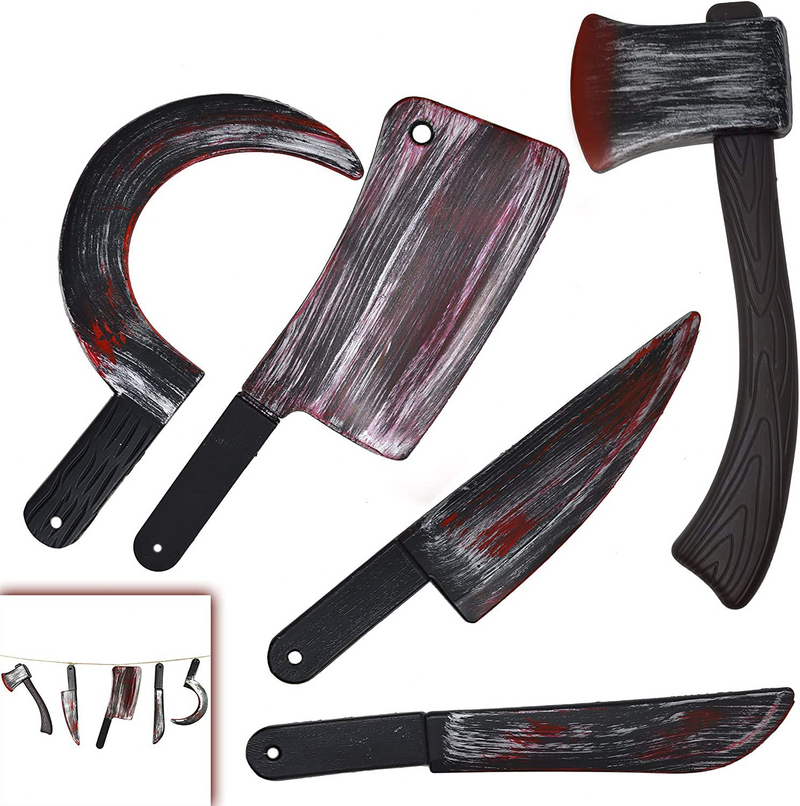 5 Pieces Bloody Halloween Weapons Machete, Knife, Axe, Cleaver And Sickle