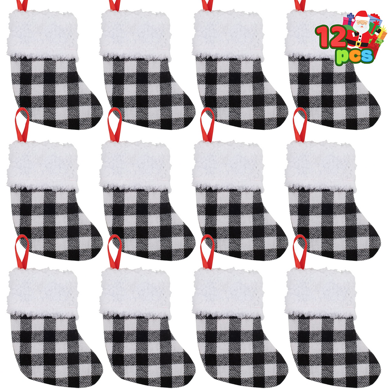 5in White Black Buffalo Plaid Christmas Stockings, 12 Pack