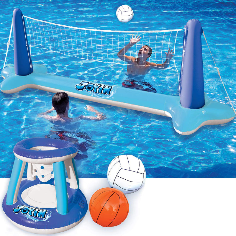 SLOOSH - Inflatable Volleyball Net & Basketball Hoops Pool Float Set, Blue