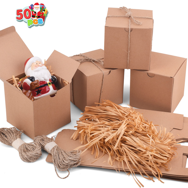 Brown Kraft Paper Gift Boxes with Lids and Grass Twines for Christmas, 50 pcs