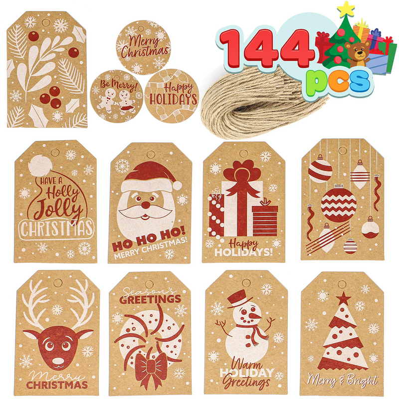 144 Pcs Assorted Kraft Paper Gift Tags with Prints