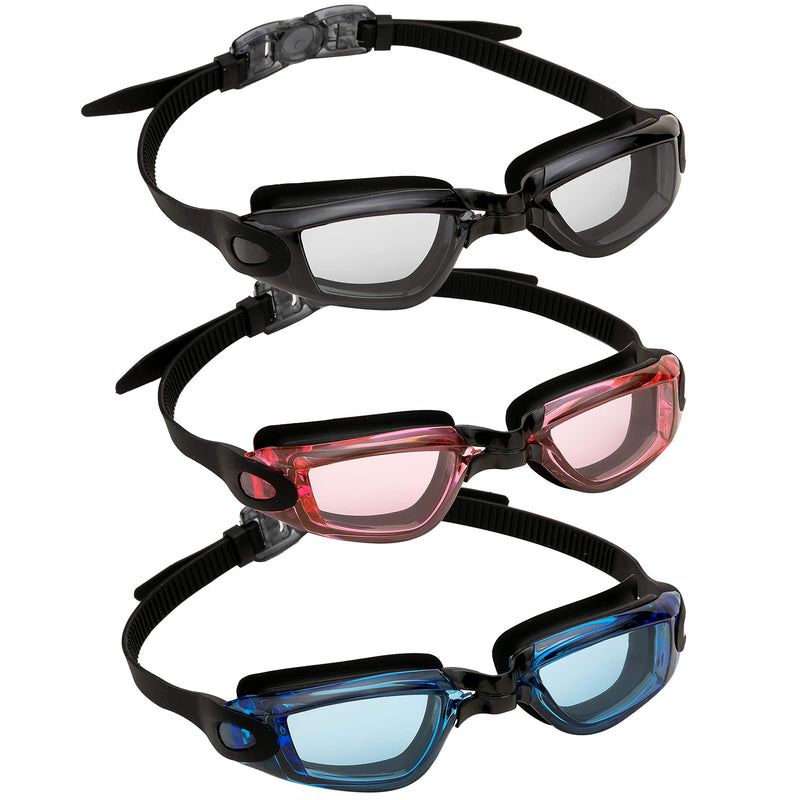 Adults Swimming Goggles (Black, Red Black & Blue Black), 3 Pack