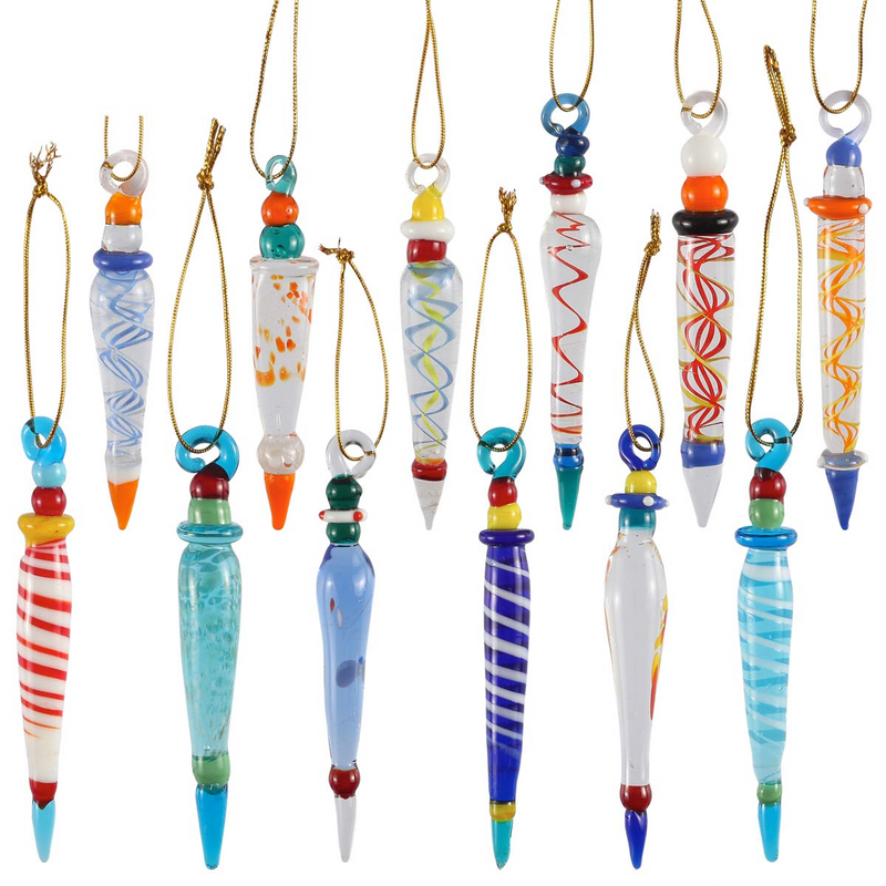 Set Of 12 Colorful Glass Icicle Ornaments For Christmas Tree Decorations With Different Designs
