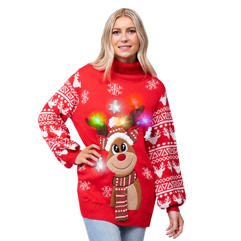 Adult Christmas Reindeer Long Ugly Sweater with Light Bulbs