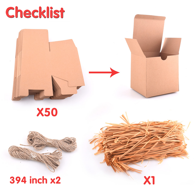 Brown Kraft Paper Gift Boxes with Lids and Grass Twines for Christmas, 50 pcs