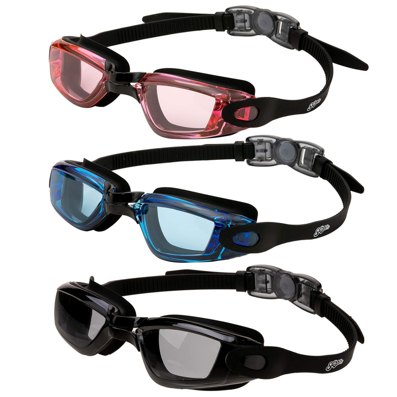 Adults Swimming Goggles (Black, Red Black & Blue Black), 3 Pack
