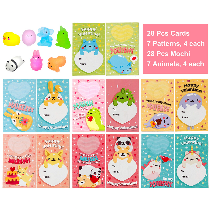 28Pcs Glitter Squishy Toys with Valentines Day Cards for Kids-Classroom Exchange Gifts