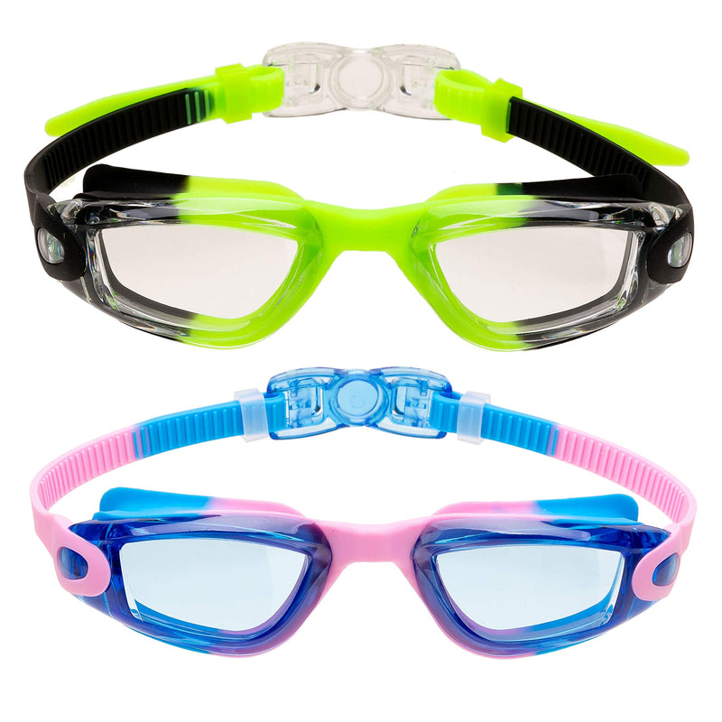 2 Pack Kids Swimming Goggles (Green Black & Pink Blue)