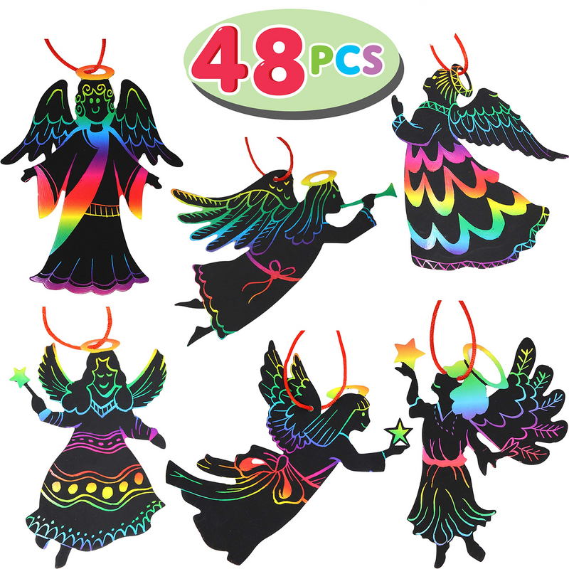 Rainbow Color Scratch Angel Ornaments, 48 Pcs