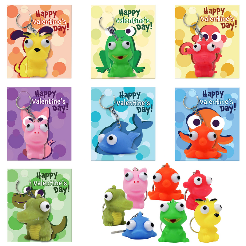 28Pcs Animal Keychains featuring Bulging Eyes with Kids Valentines Cards