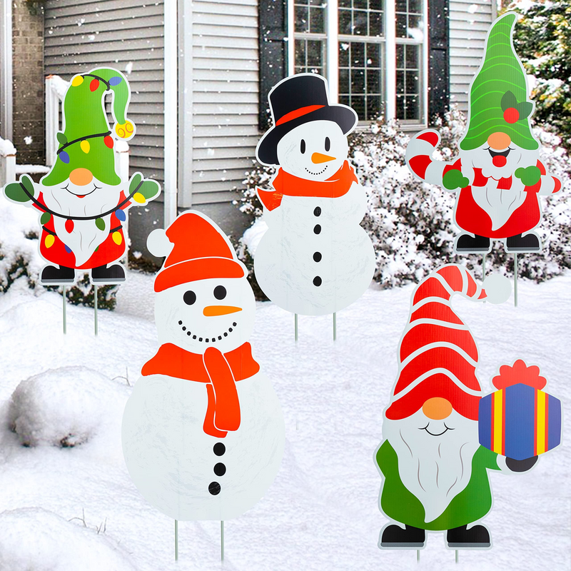 Snowman and Gnome Yard Signs, 5 Pack