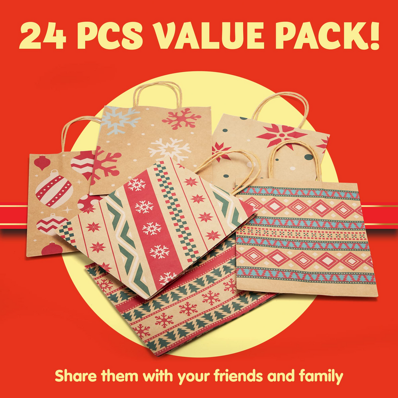 7.25in Kraft Holiday Gift Bags, 24 Pack