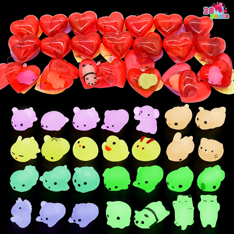 28Pcs Glow In The Dark Mochi Squishy Toys Filled Hearts Set with Kids Valentines Cards