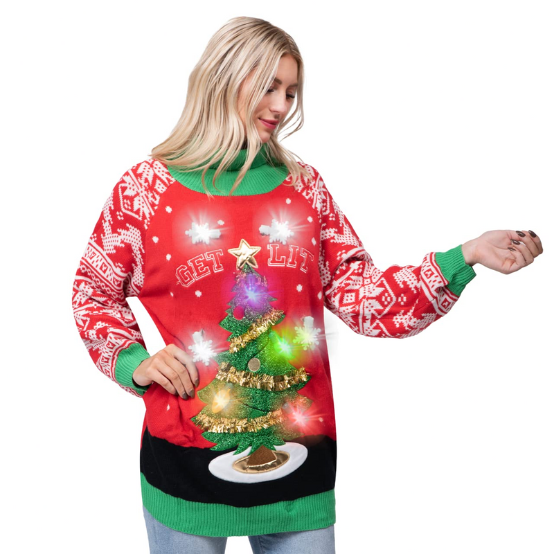 Adult Christmas Tree Long Ugly Sweater with Light Bulbs
