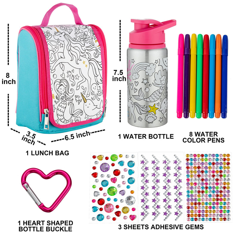 JOYIN 2 Pcs Decorate and Color Your Own Water Bottles with 10 Sheets  Adhesive Gem Stickers & Unicorn Stickers, and 8 Water Color Pens, Girls DIY  Art and Craft Kits 