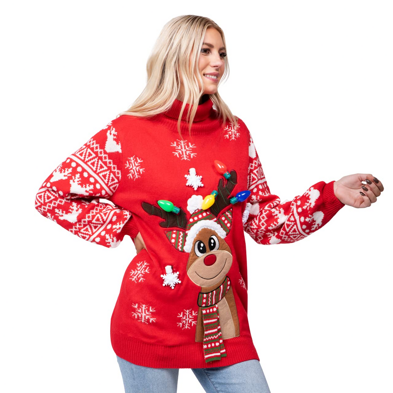 Adult Christmas Reindeer Long Ugly Sweater with Light Bulbs
