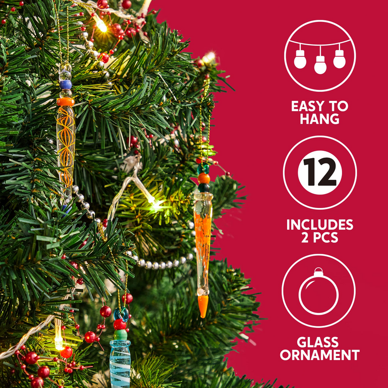Set Of 12 Colorful Glass Icicle Ornaments For Christmas Tree Decorations With Different Designs
