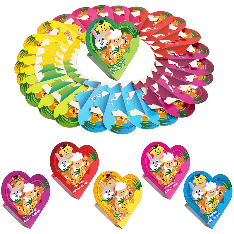 24Packs Animal Building Blocks Valentines Heart Boxes Filled for Kids Valentines Cards