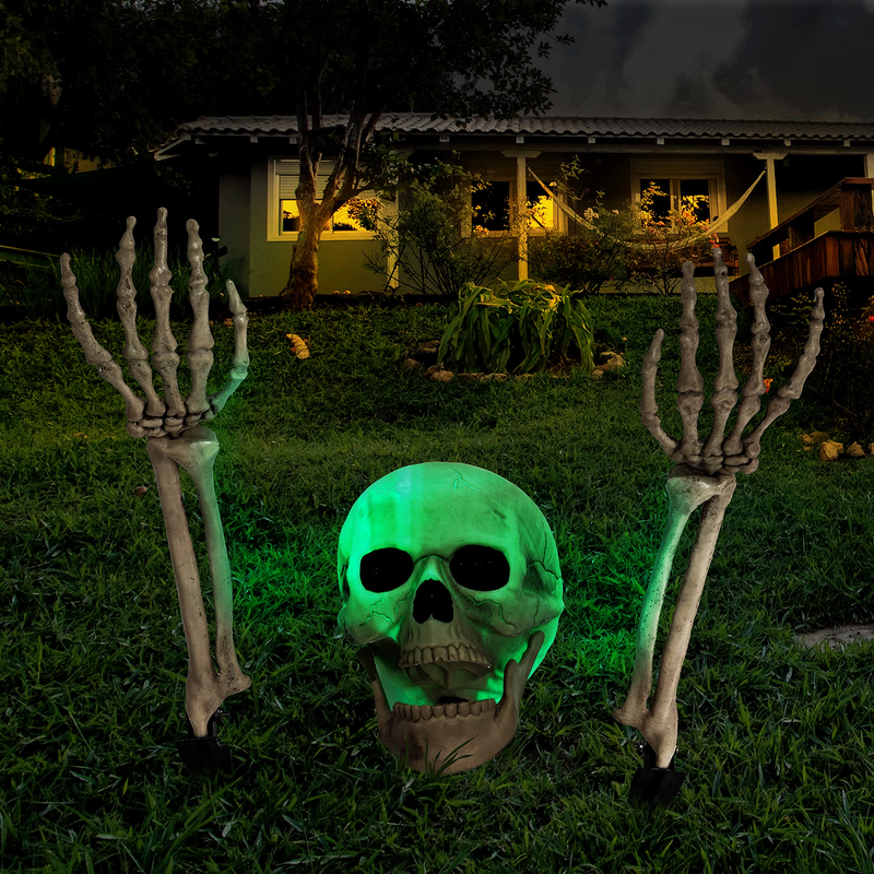 Lighted Skull and Skeleton Arms Groundbreaker Stakes (Green Light), 3 Pcs