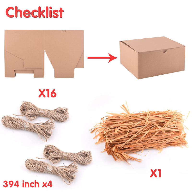 Kraft Paper Assorted Gift Set of Boxes with Grass Twines, 16 Pcs