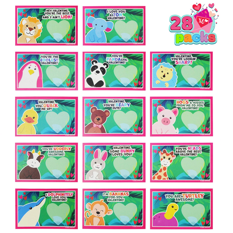 28Pcs Kids Valentines Cards with Animal Erasers-Classroom Exchange Gifts