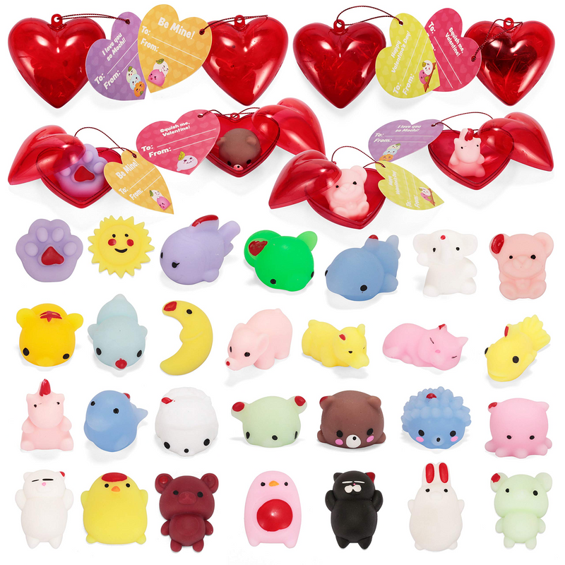 28pcs Valentines Mochi Squishies Filled Hearts with Valentines Day Cards for Kids-Classroom Exchange Gifts