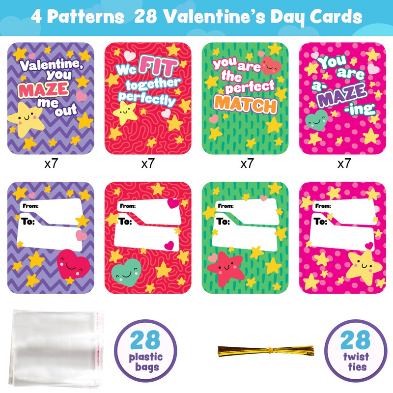 28Pcs Wacky Tracks with Valentines Day Cards for Kids-Classroom Exchange Gifts