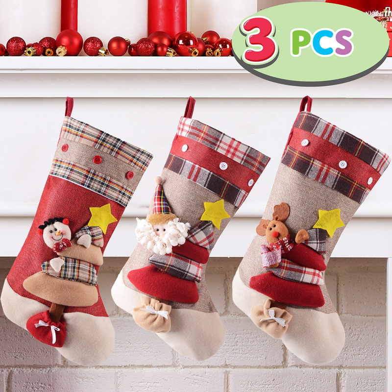 3 Pack 18" 3d Burlap Christmas Stockings