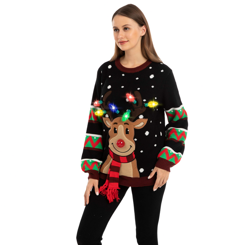 Black Color Reindeer Ugly Sweater with Light Bulbs