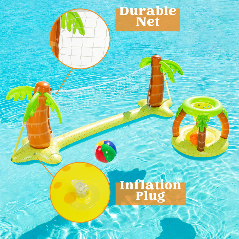 SLOOSH - Palm Tree Design Pool Volleyball Net & Basketball Hoop with 2 Balls